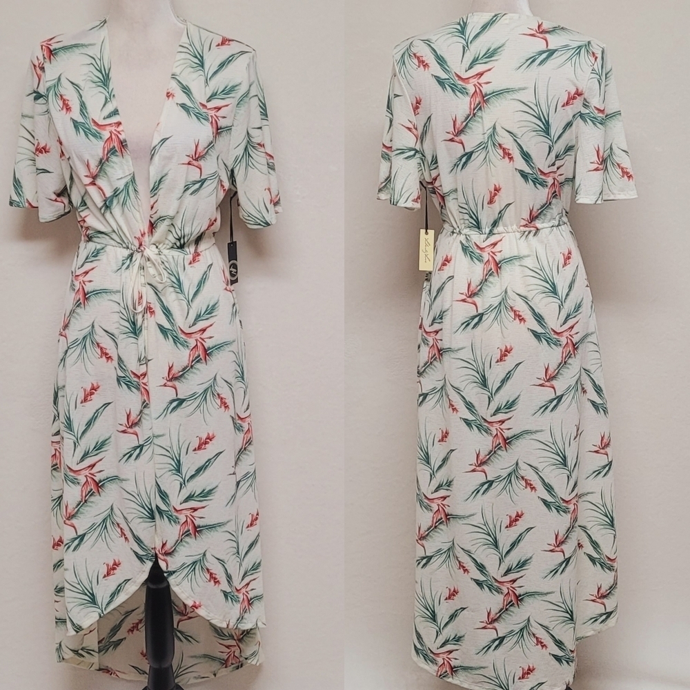 Liberty Love Multi-color Tropical Floral Print Lightweight Knit Kimono Robe M